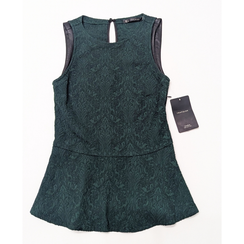 NEW ZARA Textured Peplum Sleeveless Top With Faux Leather Trim Size S